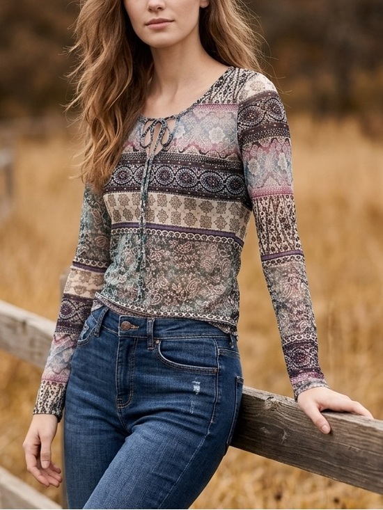 Vintage Tops - Vintage Multicolor Paisley & Stripe Tie-Front Long Sleeve Top